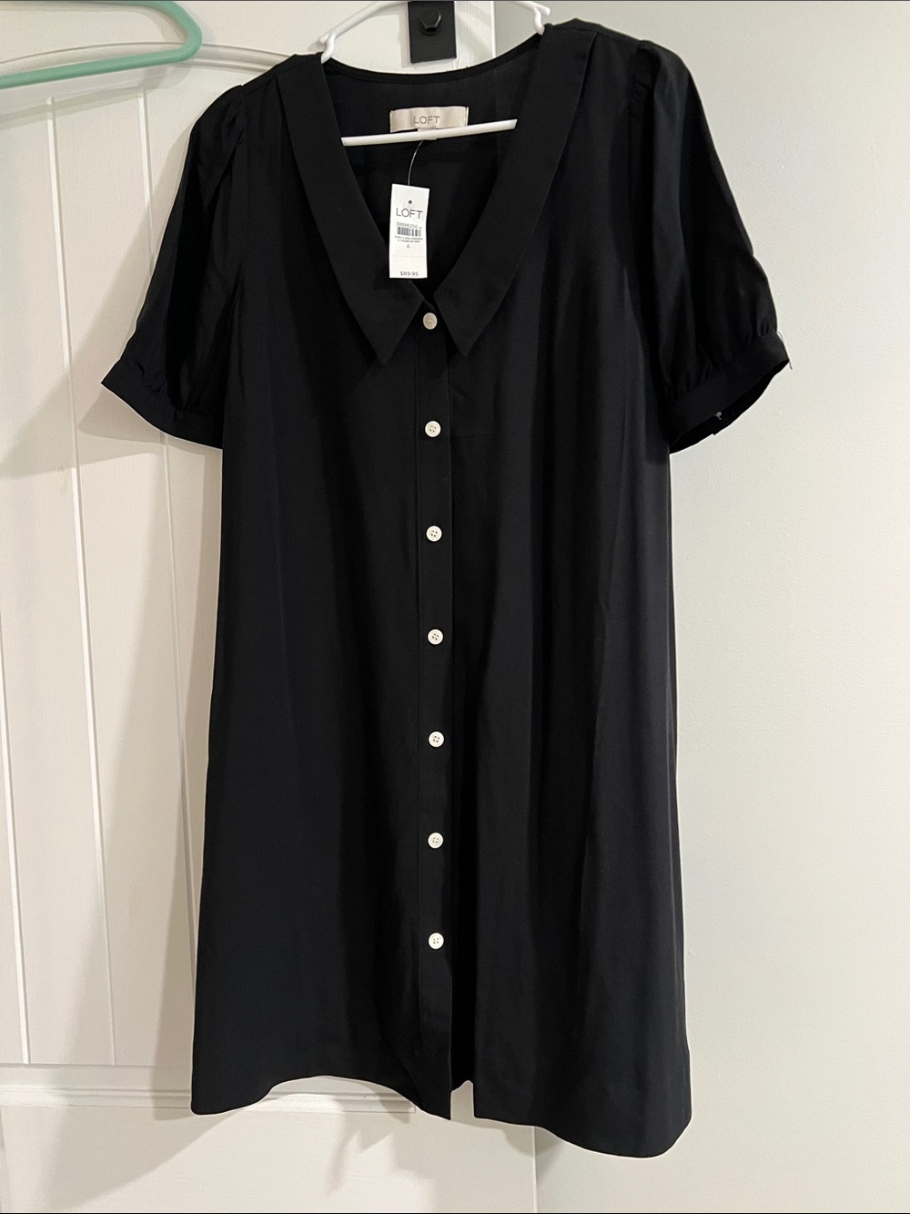 LOFT Black Short-Sleeve Button-Down Dress with Peter Pan Collar